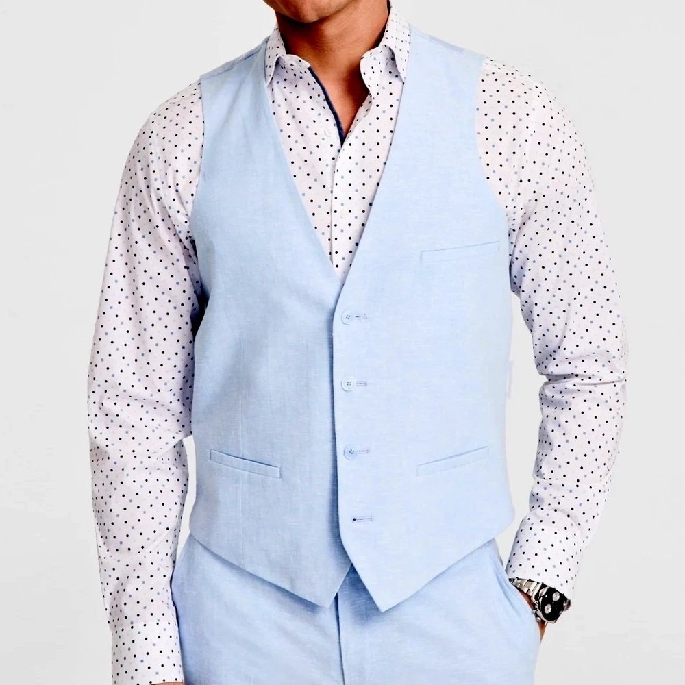 Bar III Mens Slim fit Button-Up Suit Vest Light Blue‎ Solid Linen Blend XL